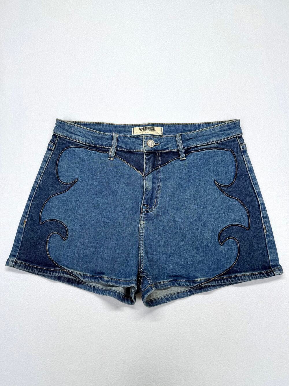Rock & Roll Denim High Rise Short Size 33 Front Yoke Detail Stretch Two Tone